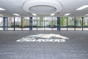 Large Entryway Photo at UAH Spragins Hall, showing the front lobby glass doors
