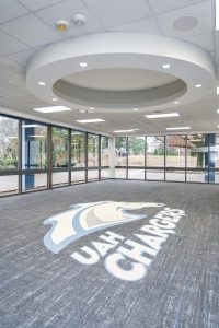 Large Entryway Photo at UAH Spragins Hall, showing the front lobby glass doors